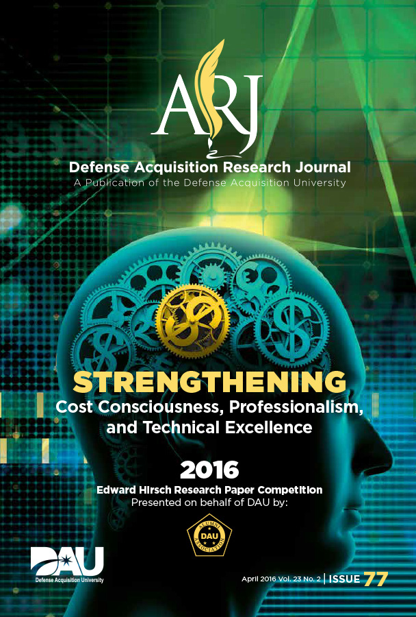 Creative deliverable published for the Defense Acquisition Research Journal with their “ARJ” logo and an illustration of a head full of gears; some gears have dollar signs.