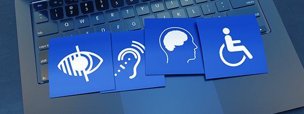 A laptop keyboard with accessibility icons overlaid on it.