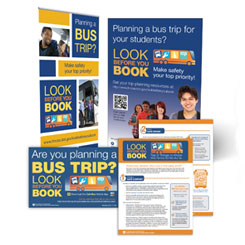 Collage of Look Before You Book bus campaign creative deliverables with text, a QR code, photos of people, and an illustration of a bus.
