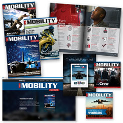 Collage of covers, photos, infographics, and other creative deliverables in The Mobility Forum magazine published for Air Mobility Command.