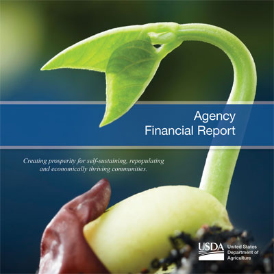 Cover of the Agency Financial Report published for the U.S. Department of Agriculture; an image of a spouting green bud.