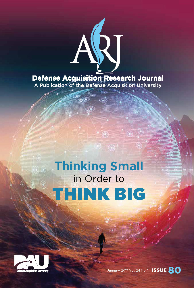 Creative deliverable published for the Defense Acquisition Research Journal with their “ARJ” logo and an illustration of a person standing at the bottom of a holographic globe surrounded by desert.