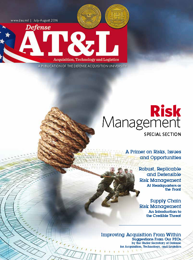 Defense AT&L magazine cover, published for the Under Secretary of Defense for Acquisition, Technology, and Logistics, with text and an illustration of people lassoing a tornado.