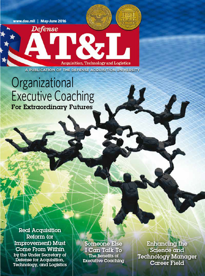 Defense AT&L magazine cover, published for the Under Secretary of Defense for Acquisition, Technology, and Logistics, with a photo of mid-air skydivers, seen from above, holding hands to stay information over an illustration of the earth.