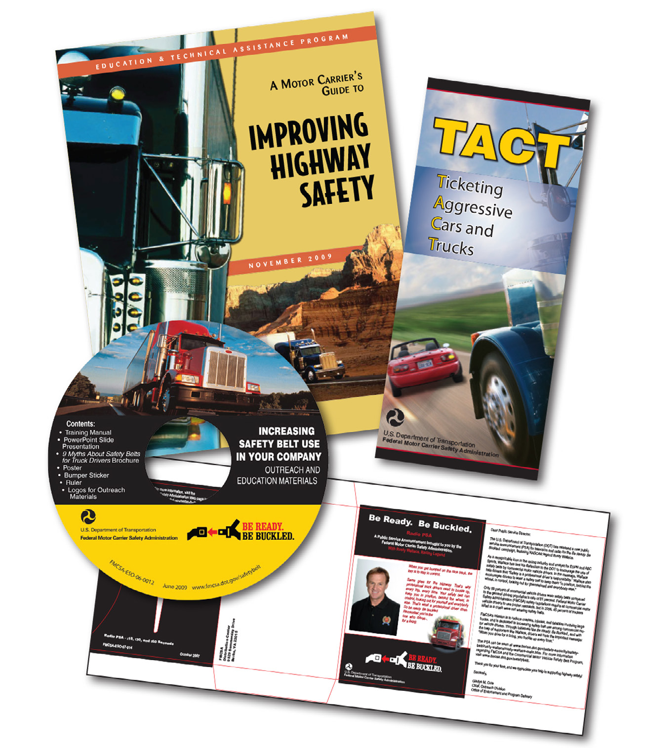 Collage of creative deliverables for the Federal Motor Carrier Safety Administration with multiple pictures of trucks and cars on the road.