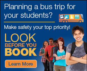 Creative deliverable with text, a photo of students, and an illustration of a bus.