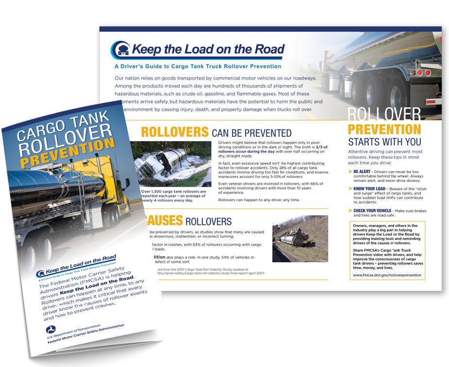 Collage of creative deliverables designed for the Federal Motor Carrier Safety Administration with extensive text and four photos of semi-trucks; two are overturned. 