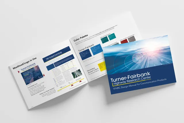 Cover and interior pages of the Turner-Fairbank Highway Research Center Design Manual for Communication Products featuring the Masthead/Logo in Use and Color Palettes.