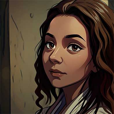 Stylized cartoon of a young woman with dark, wavy hair looks softly into the distance, set against a muted background.