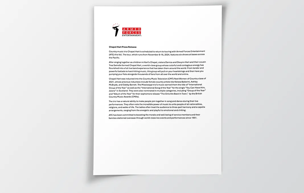 Sample press release titled 'Chapel Hart Press Release' published by the Armed Forces Entertainment.