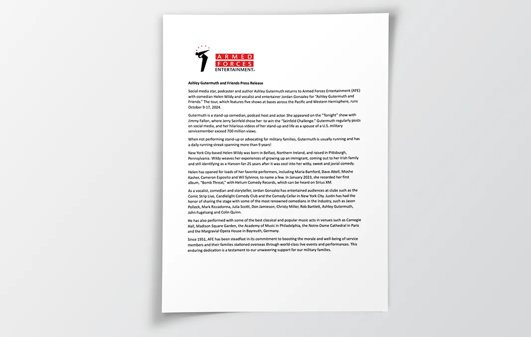 Sample press release titled 'Ashley Gutermuth and Friends Press Release' published by the Armed Forces Entertainment.