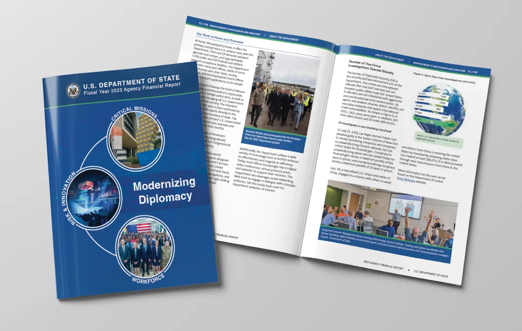 Cover and interior pages for the 2023 Agency Financial Report for Fiscal Year 2023 published by the U.S. Department of State.
