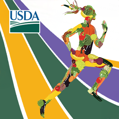 A running female figure made up of fruits and vegetables beside the USDA logo.