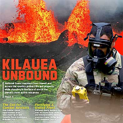 Cover of Citizen-Soldier magazine, Issue 1, Volume 2. The central image features a soldier in protective gear in front of an erupting volcano in the background. Overlaid headlines read: 'Kilauea Unbound,' 'The Call for Combat Advisors,' and 'Fortifying a United Front.' Short taglines about each article and their location inside the magazine are below each headline.