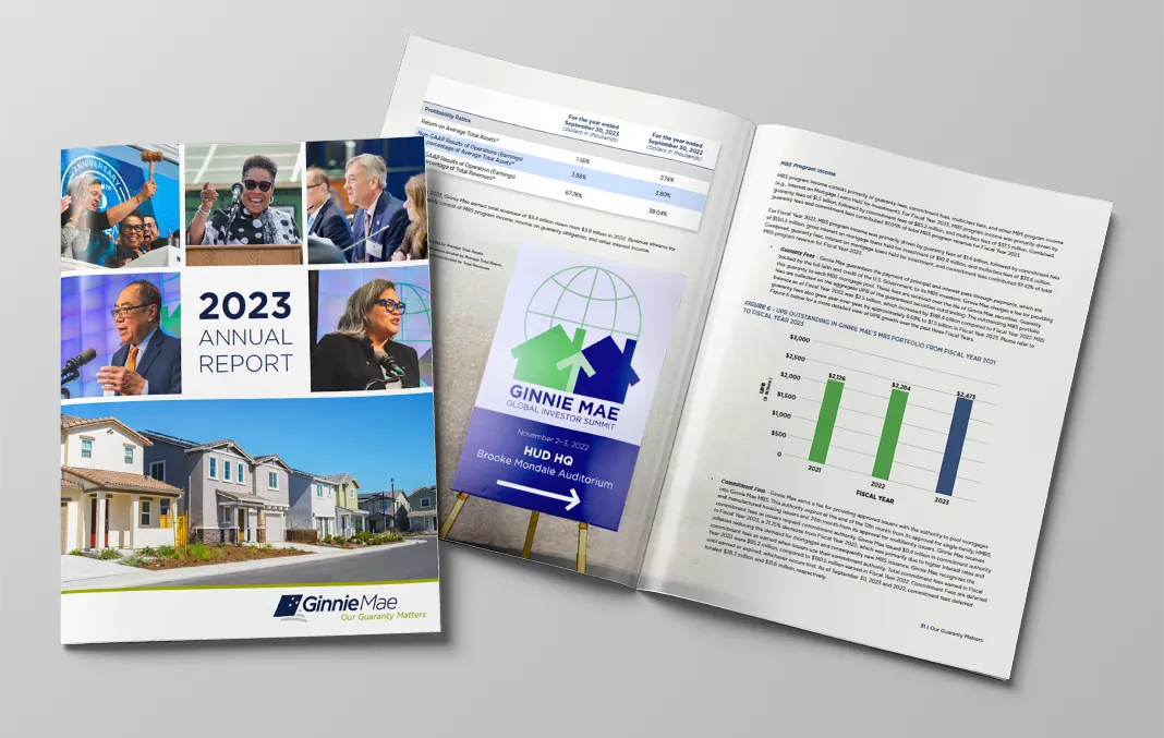 Cover and interior pages from the 2023 Annual report published for Ginnie Mae.