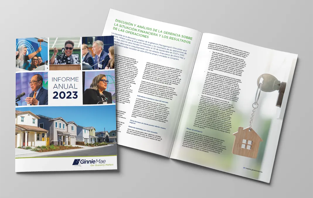 Cover and interior pages from the 2023 Annual report published for Ginnie Mae in Spanish.