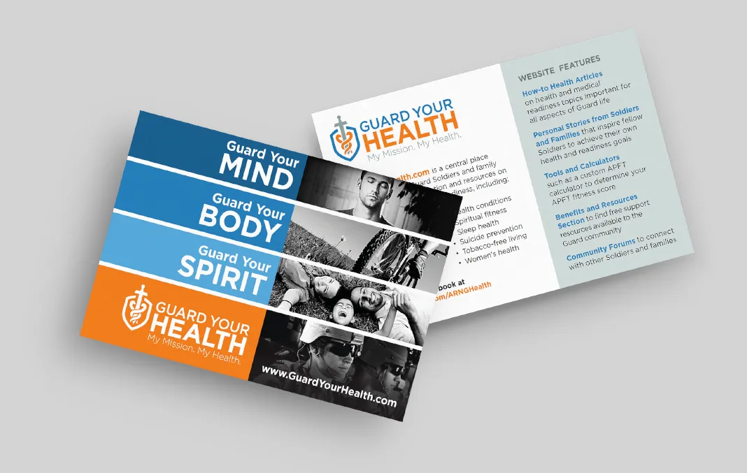 Front and back of a postcard published for the Army National Guard: Guard Your Health campaign showing details on the website and several of it's features.