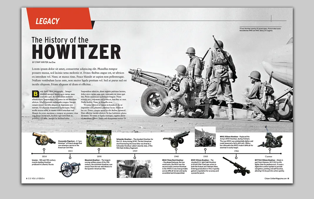 Interior of the Army National Guard Citizen Soldier magazine featuring the legacy pages which outline the history of Howitzer article.