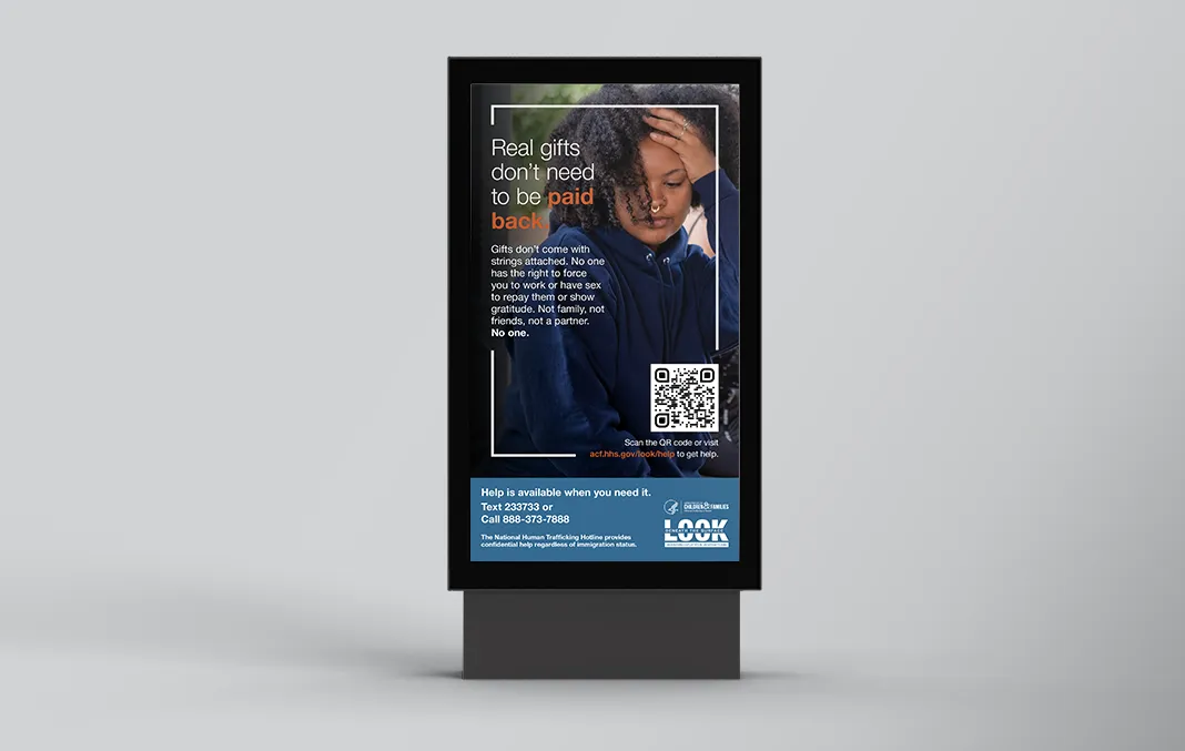 Sample advertisment for the Look Beneath the Surface public awareness campaign published by the Office on Trafficking in Persons (OTIP) showing a young girl holding her head in her hands, a QR code to find out more information on the program, and other contact information for OTIP.