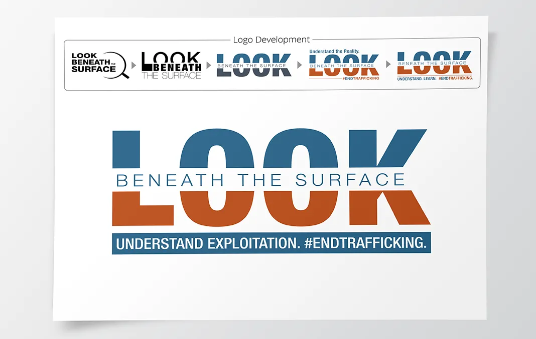 Progression of logos for the Look Beneath the Surface campaign to show the development process before landing on the final logo design for the Office of Trafficking in Persons.