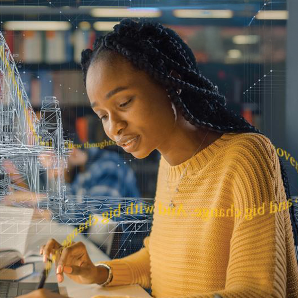 A woman working at a desk with architectural blueprints overlayed around her.