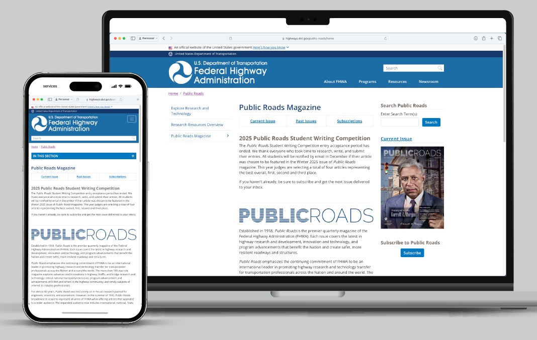 Screenshots shown on a cell phone and a laptop of the Public Roads magazine webpage on the USDOT/FHWA website.
