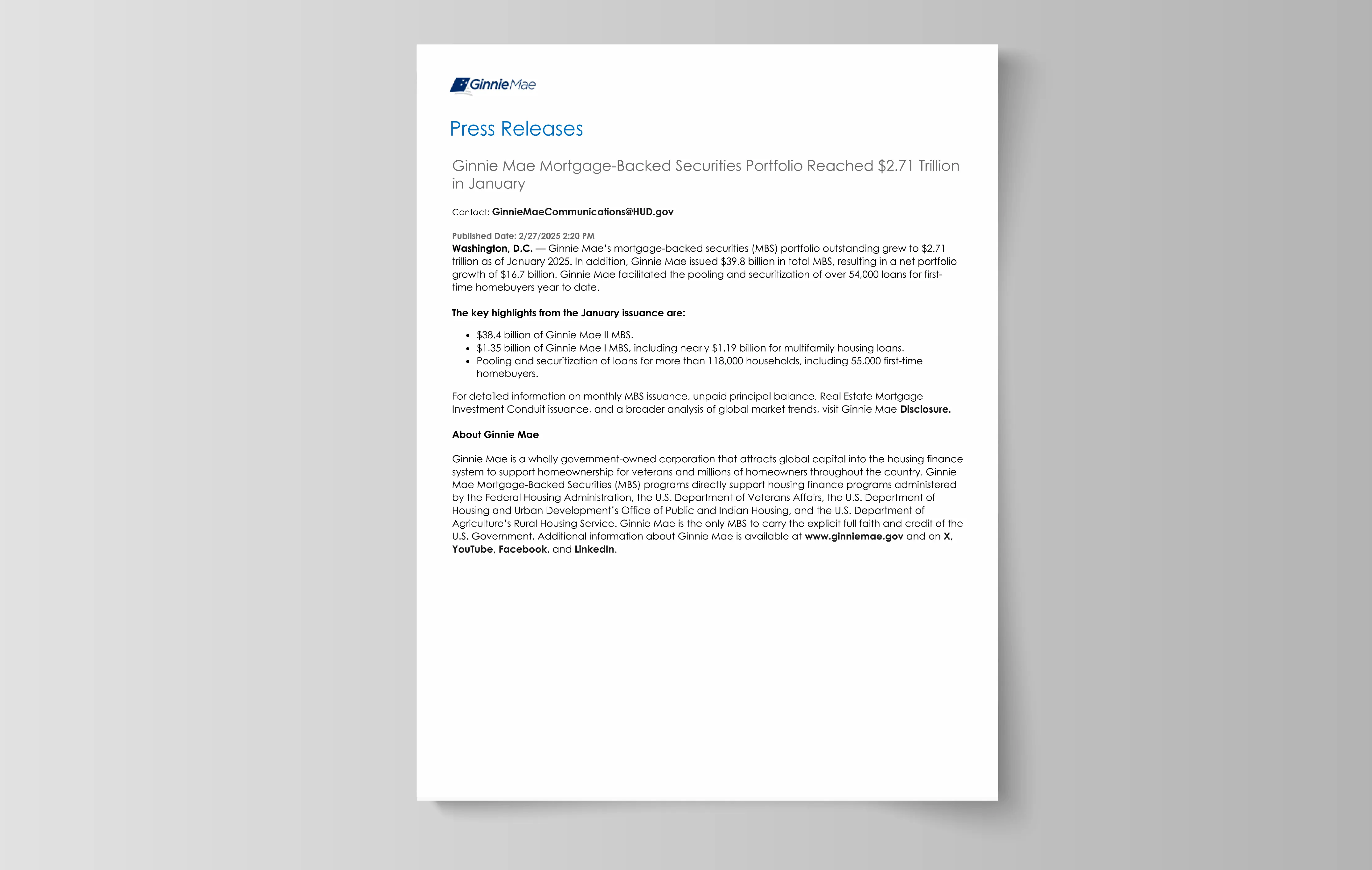 Sample press release titled 'Ginnie Mae Publishes Fiscal Year 2024 Annual Financial Report Demonstrating Financial Performance and Expanding Pathways to Homeownership' published by Ginnie Mae.