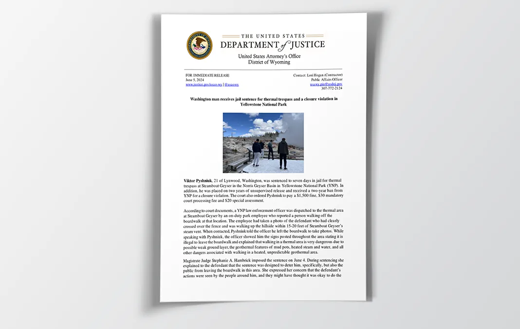 Sample press release titled 'U.S. Attorney's Office declines to prosecute an officer involved in a fatal shooting' published by Lori Hogan, the Public Information Officer for The U.S. Department of Justice Attorney's Office in the District of Wyoming.