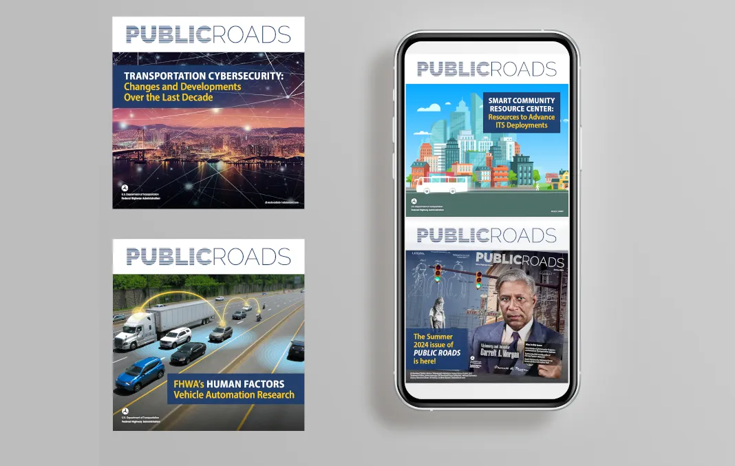Digital advertisements used by Public Roads featuring articles such as Transportation Cybersecurity, FHWA's Human Factors Vehicle Automation Research, Smart Community Resource Center, and The Summer 2024 issue of Public Roads is here. The last two are shown on a mobile device.
