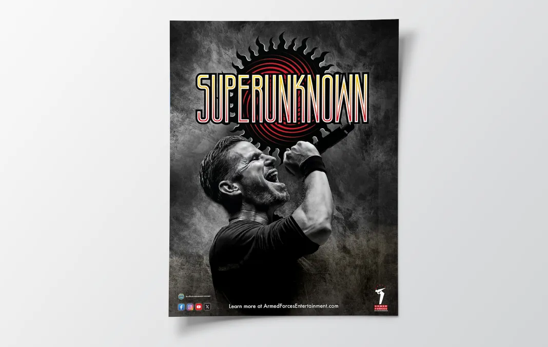 Advertisement for the entertainer Superunknown showing the singer holding a microphone published by Armed Forces Entertainment.