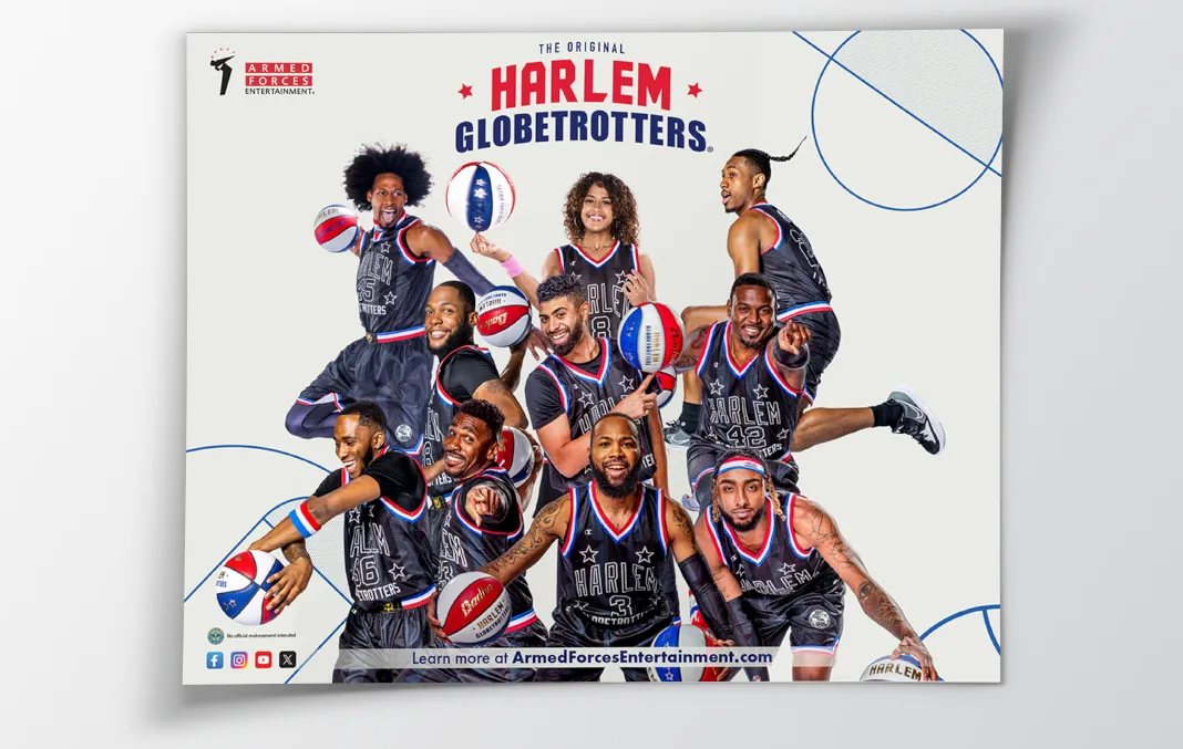 Poster for the original Harlem Globetrotters basketball team published by Armed Forces Entertainment.