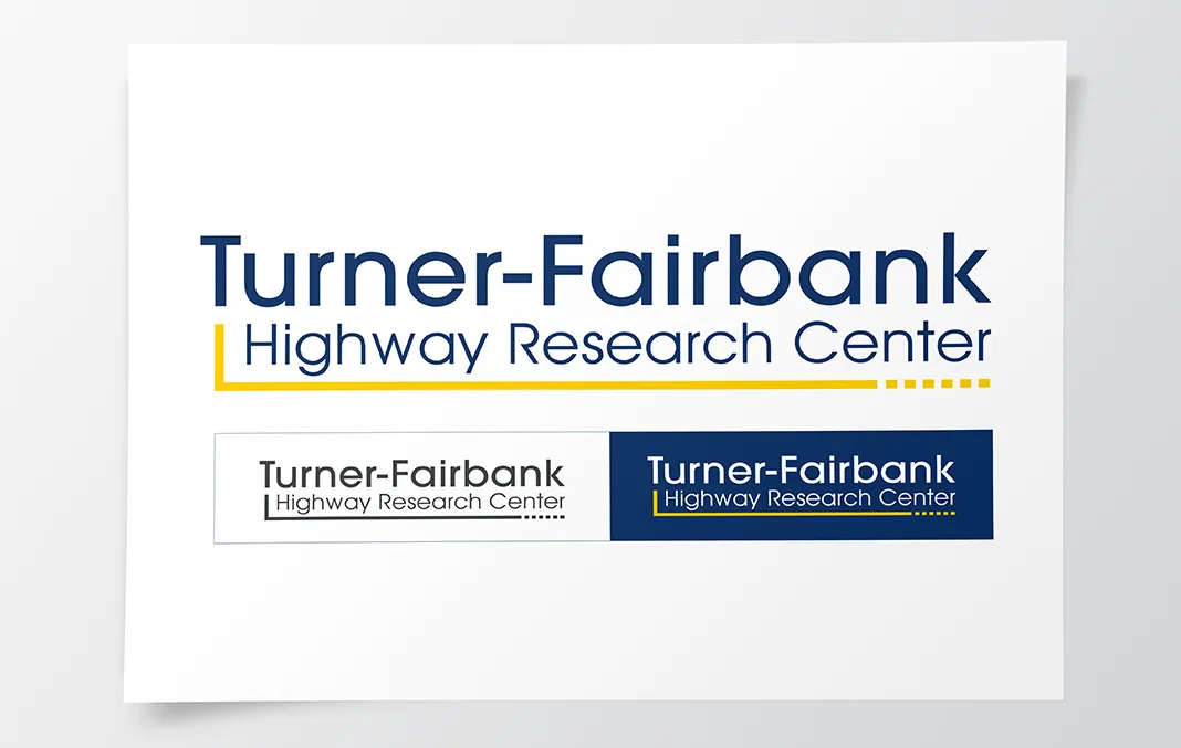 Sample mockups of the Turner-Fairbank Highway Research Center logo featuring one with dark text on a white background and yellow underline, one with white text on a dark background and yellow underline, and a greyscale option.