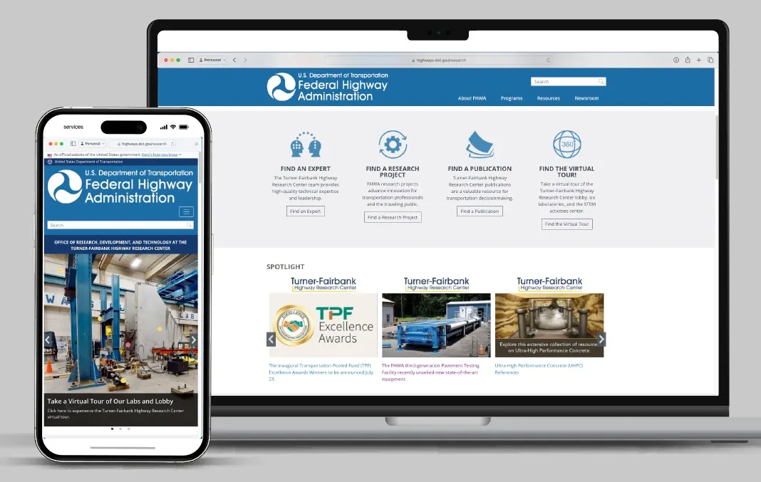 Mockups of the USDOT FHWA website on a mobile device and a personal computer.