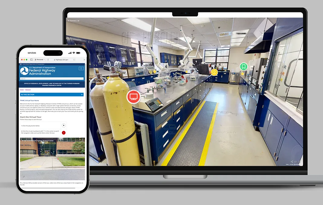 Mockups of the virtual tour of a TFHRC facility on a mobile device and a personal computer.