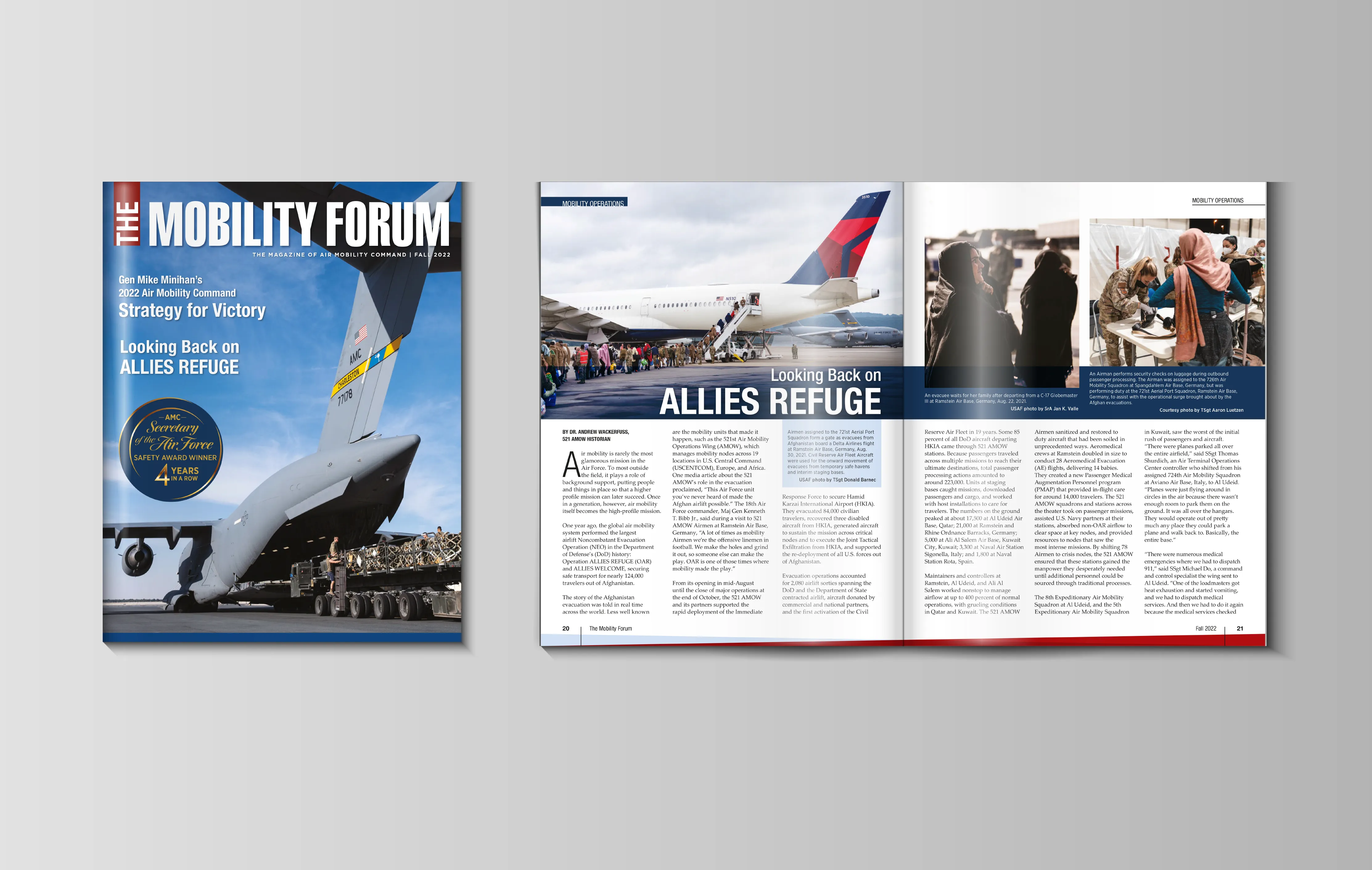 Cover and interior pages for The Mobility Forum Fall 2022 edition featuring Gen Mike Minihan's 2022 Air Mobility Command Strategy for Victory.